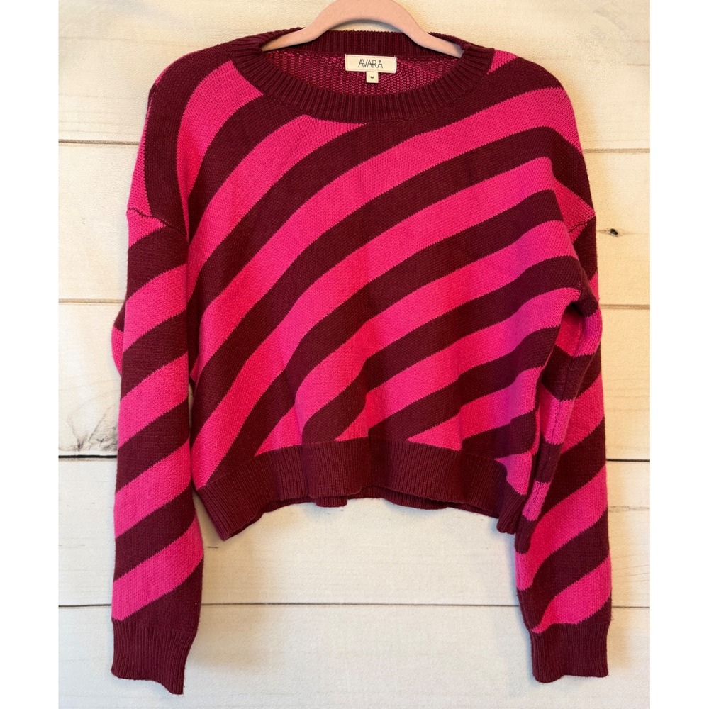 Avara Womens Pink Burgundy Diagonal Stripe Crewneck Sweater Size M 6826WS